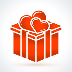 Gift box with two hearts. St. Valentines Day vector design element. Love, wedding or dating romantic decorative symbol