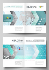 The vector illustration of the editable layout of two A4 format modern cover mockups design templates for brochure, magazine, flyer. Futuristic high tech background, dig data technology concept.