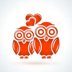 Two owls with hearts. St. Valentines Day vector design element. Love, wedding or dating romantic decorative symbol
