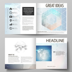 The vector illustration of editable layout of two covers templates for square design bi fold brochure, magazine, flyer, booklet. Polygonal geometric linear texture. Global network, dig data concept.