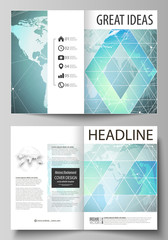 The vector illustration of the editable layout of two A4 format modern cover mockups design templates for brochure, magazine, flyer. Chemistry pattern, molecule structure, geometric design background.