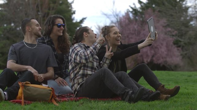 Group of young people at park on blanket taking selfies together