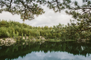 Fototapeta na wymiar Pine forest reflected in the quary lake. Ukraine