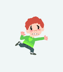 White boy in jeans runs alarmed.