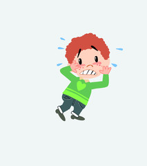 White boy in jeans very alarmed takes the hands to the head.