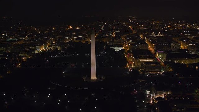 Washington, D.C. circa-2017, Aerial view of the Washington Monument and Capitol Mall area at night.   Shot with Cineflex and RED Epic-W Helium. 