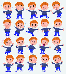 Cartoon character boy in jeans. Set with different postures, attitudes and poses, always in negative attitude, doing different activities in vector vector illustrations.