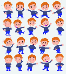 Cartoon character white boy in jeans. Set with different postures, attitudes and poses, doing different activities in isolated vector illustrations.