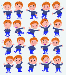 Cartoon character white boy in jeans. Set with different postures, attitudes and poses, doing different activities in isolated vector illustrations.
