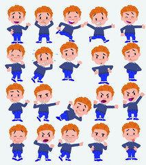 Cartoon character white boy in jeans. Set with different postures, attitudes and poses, doing different activities in isolated vector illustrations.