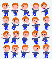 Cartoon character white boy in jeans. Set with different postures, attitudes and poses, doing different activities in isolated vector illustrations.