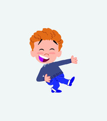 Fototapeta premium White boy in jeans laughing while teaching something to his left. 