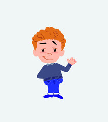 White boy in jeans waving with a dreamy expression.