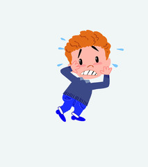 White boy in jeans very alarmed takes the hands to the head.
