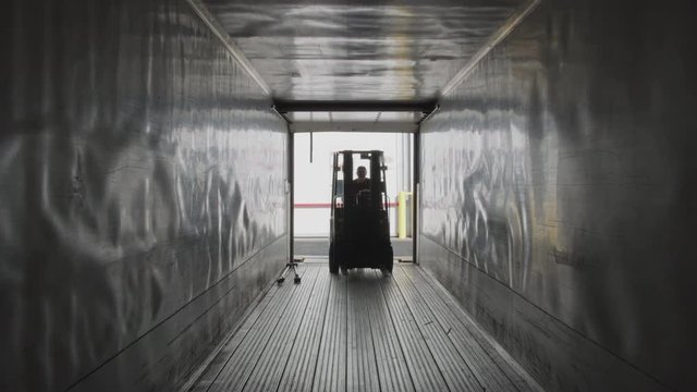Forklift driving into semi truck trailer.  Fully released for commercial use.