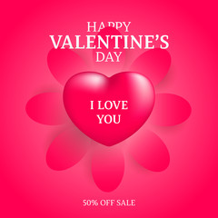 Realistic pink 3d romantic valentine heart background floating with cut paper flower print