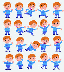 Cartoon character white boy in jeans. Set with different postures, attitudes and poses, doing different activities in isolated vector illustrations.
