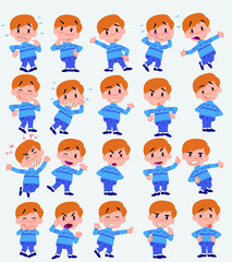 Cartoon character white boy in jeans. Set with different postures, attitudes and poses, doing different activities in isolated vector illustrations.