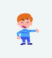 White boy in jeans showing something in an optimistic and positive attitude.