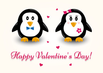 Greeting card for Valentine's Day. Penguin with inscription Happy Valentine's Day. Vector illustration