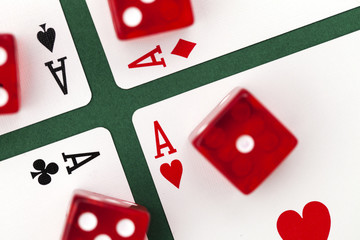 Poker cards and dice on a green background.