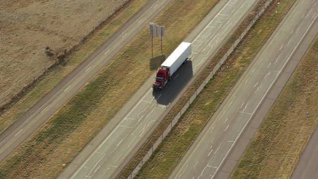 Aerial view of semi truck on highway in Texas