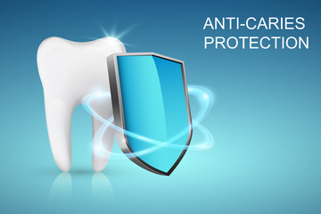 Healthy tooth and shield, anti-caries protection concept - obrazy, fototapety, plakaty