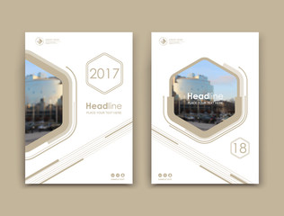 White business card style. A4 brochure cover design. Info board. Book, diary title sheet model set. Modern vector front page art. Urban city house texture. Grey figures text frame icon. Ad flyer font