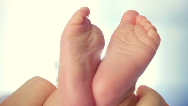 Close up of little baby feet in hands of mother.
