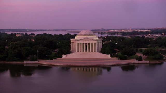 Washington, D.C. circa-2017, Aerial view of Jefferson Memorial and Tidal Basin at sunrise.   Shot with Cineflex and RED Epic-W Helium. 