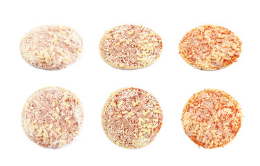 Fototapeta na wymiar Three stages of cooking frozen pizza isolated