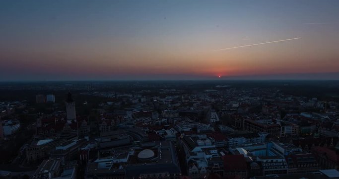 Leipzig, Germany - April 2015: Timelapse over the city centre during sunset