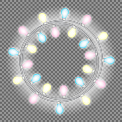 Garland in form of circle with glowing lights isolated on transparent background. Vector design element for Holiday cards, Christmas, New Year, birthday, party. Illuminated banner Template or mock up
