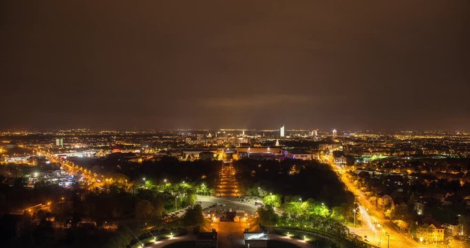 Leipzig, Germany - April 2015: Timelapse of the view from Battle of Nations monument at night