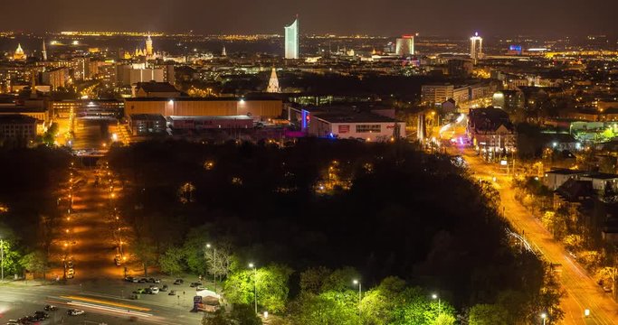 Leipzig, Germany - April 2015: Timelapse of the view from Battle of Nations monument at night