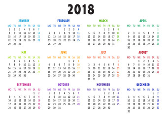 Calendar 2018, template. Week starts from Monday. Illustration