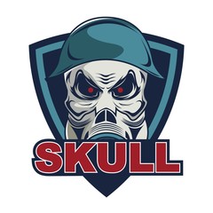 Skull in military helmet and gas mask logo