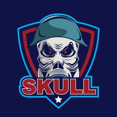 Skull in military helmet and gas mask logo