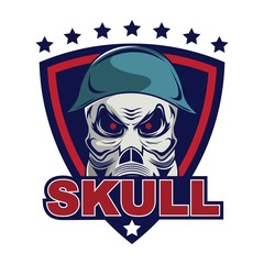 Skull in military helmet and gas mask logo