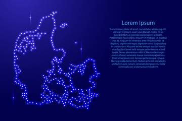 Map Denmark from luminous blue star space points on the contour for banner, poster, greeting card, of vector illustration.
