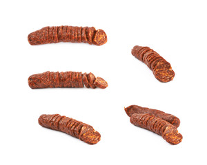 Sliced stick of sausage isolated