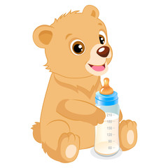 Cute Teddy Bear With Feeding Bottle Cartoon Vector Character. Baby Feed Theme. Healthy Eating For A Healthy.