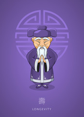 Cartoon hand drawn Asian wise old man in traditional clothes on background color of the year, ultra violet. Сoncept for Chinese New Year Illustration.