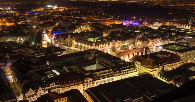 Leipzig, Germany - April 2015: Timelapse over the city centre at night