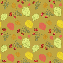 Vector illustration of  decorative rose hips and leaves seamless pattern