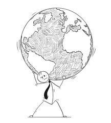 Conceptual Cartoon of Businessman Carry World Earth Globe on Shoulders