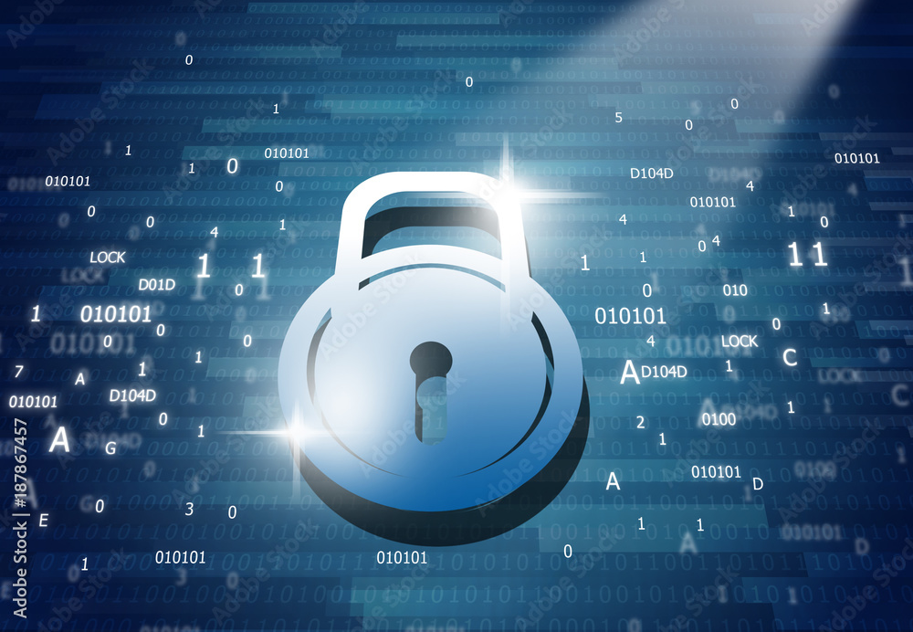 Poster cyber security concept, binary stream with closed padlock. 2d digital illustration .
