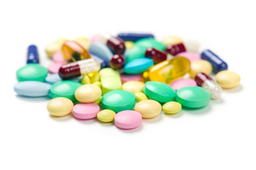 Pharmacy theme. Multicolored Isolated Pills and Capsules