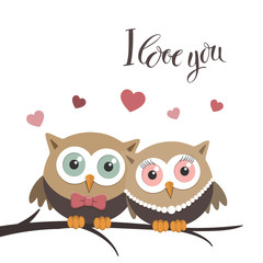 Couple of owls in love on a white background and  message