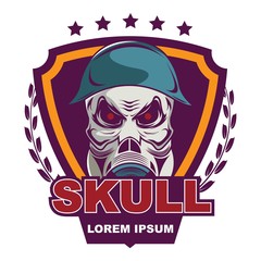 Skull in military helmet and gas mask logo